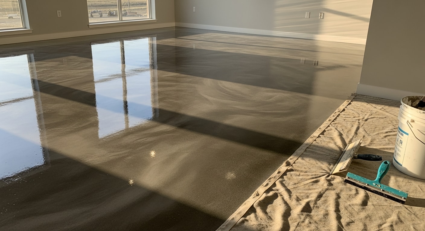 Polished epoxy garage floor with glossy finish