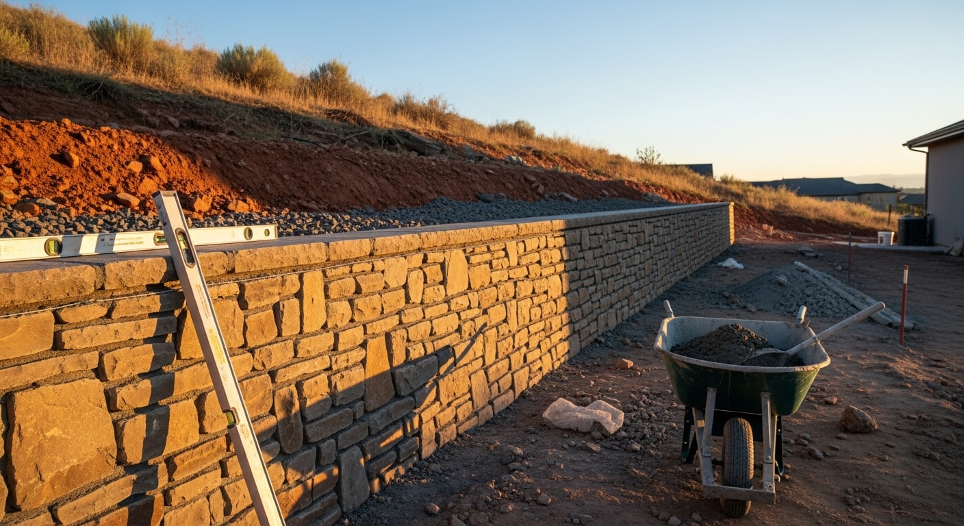 Stone retaining wall and outdoor structure