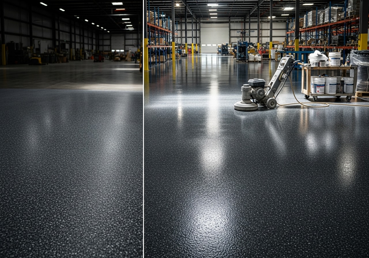 Industrial epoxy flooring with anti-slip finish in commercial warehouse, Murray, Utah