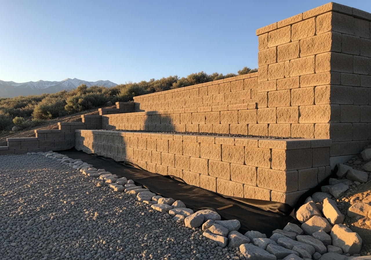 Multi-level segmental retaining wall with terraced landscaping in Heber, Utah