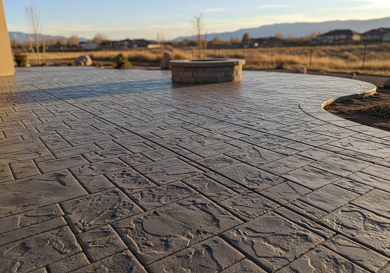 Stamped ashlar slate concrete patio with integrated fire pit seating area in Draper, Utah