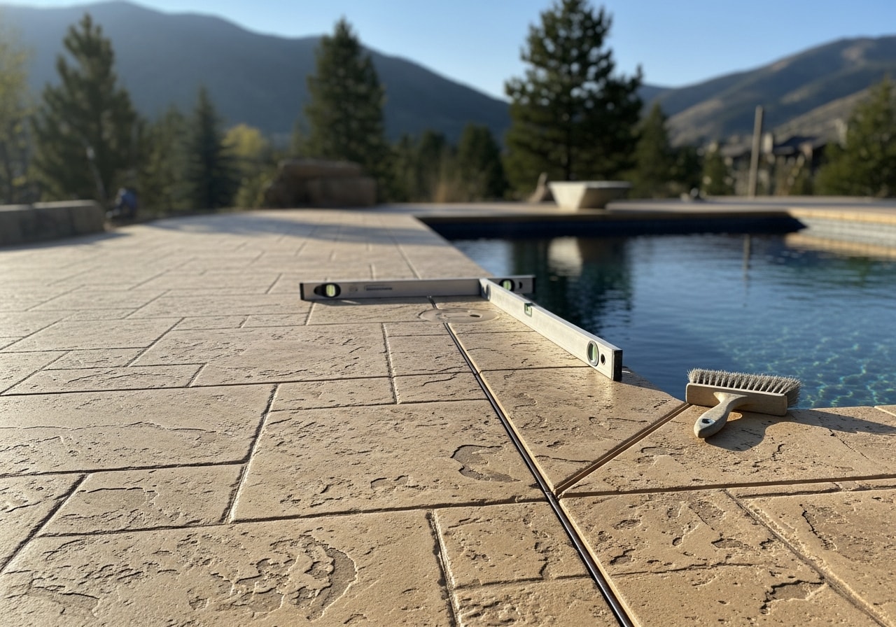 Travertine-textured concrete pool deck with acid stain coloring in Park City, Utah