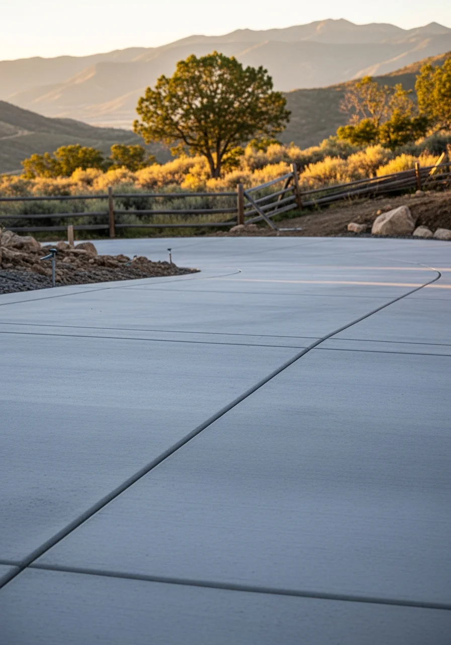 Professional concrete driveway installation on steep Park City residential property with mountain backdrop