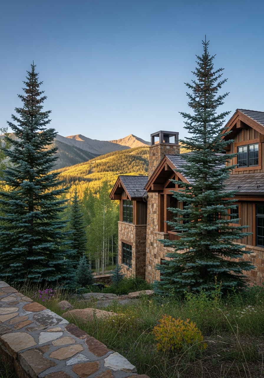 Close-up of a Summit County mountain home with stone and wood exterior, surrounded by pine trees and mountain views.