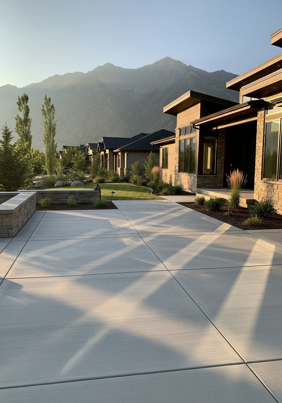 Portrait-style photo of a Utah County home with modern landscaping and mountain backdrop visible from the property.