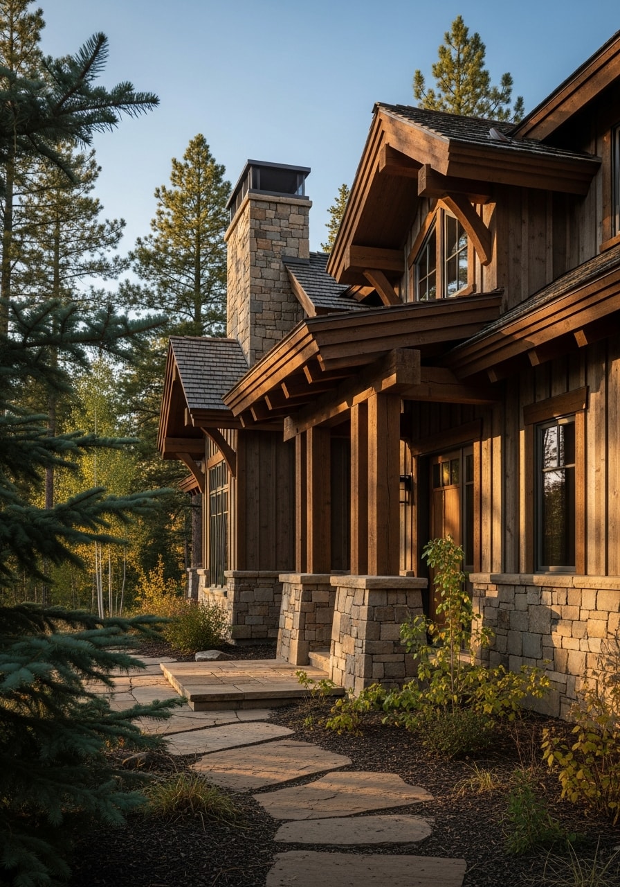 Close-up of a Wasatch County mountain home with wood and stone details, nestled among pine trees.