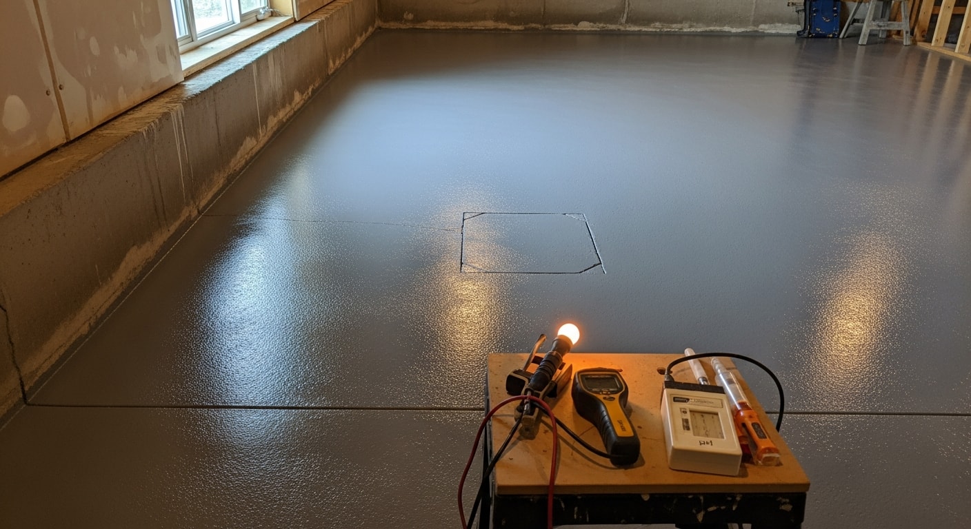 A finished concrete basement floor in a Tooele County, Utah home showing a smooth, sealed surface in a clean lower-level living space. The floor has a uniform coating with no visible cracks or dust, ready for use as a family room or home gym.