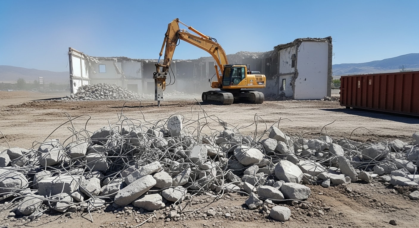 A commercial building in Tooele County, Utah being demolished by heavy equipment, with concrete rubble and cleared site visible. The surrounding area shows open industrial land typical of the Tooele Valley corridor.