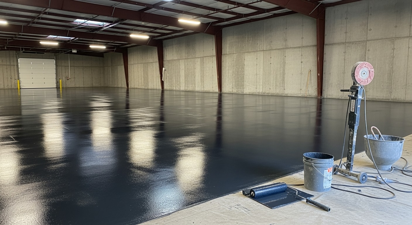 A freshly coated commercial concrete floor inside a Tooele County, Utah warehouse, showing a smooth, high-gloss sealed surface under overhead industrial lighting. The seamless coating covers the full slab with no visible cracks or bare concrete patches.
