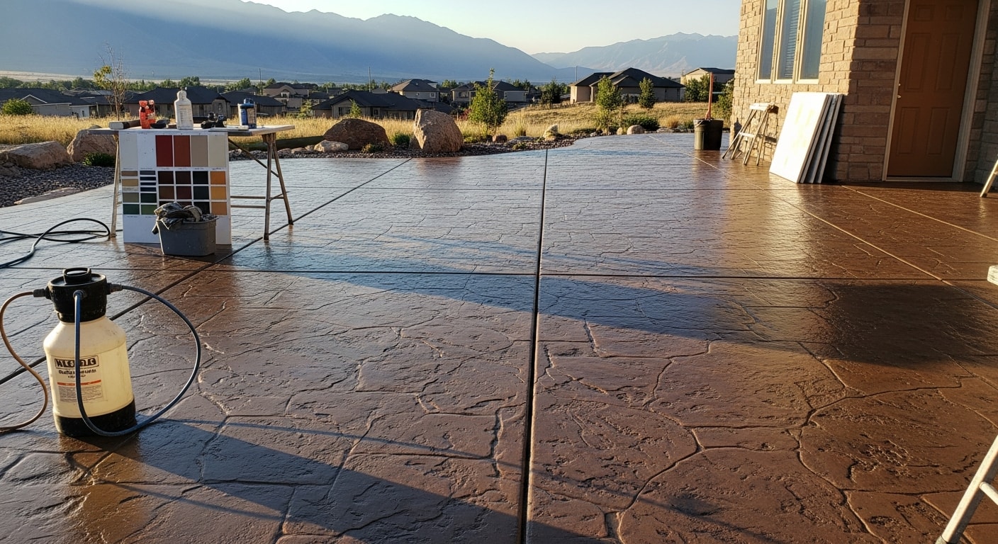 A freshly colored and sealed concrete patio in Tooele County, Utah, showing a warm earth-tone stain finish with clean edges along a residential backyard. Art Of Concrete specialty finish applied to an outdoor slab with consistent color and a smooth sealed surface.