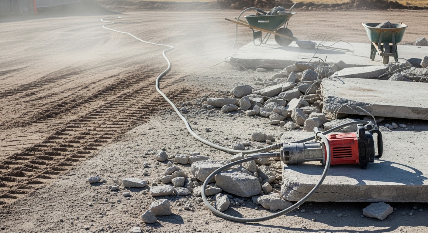 Broken concrete slab being removed from a residential property in Tooele County, Utah, with debris cleared and bare ground exposed and ready for new construction.