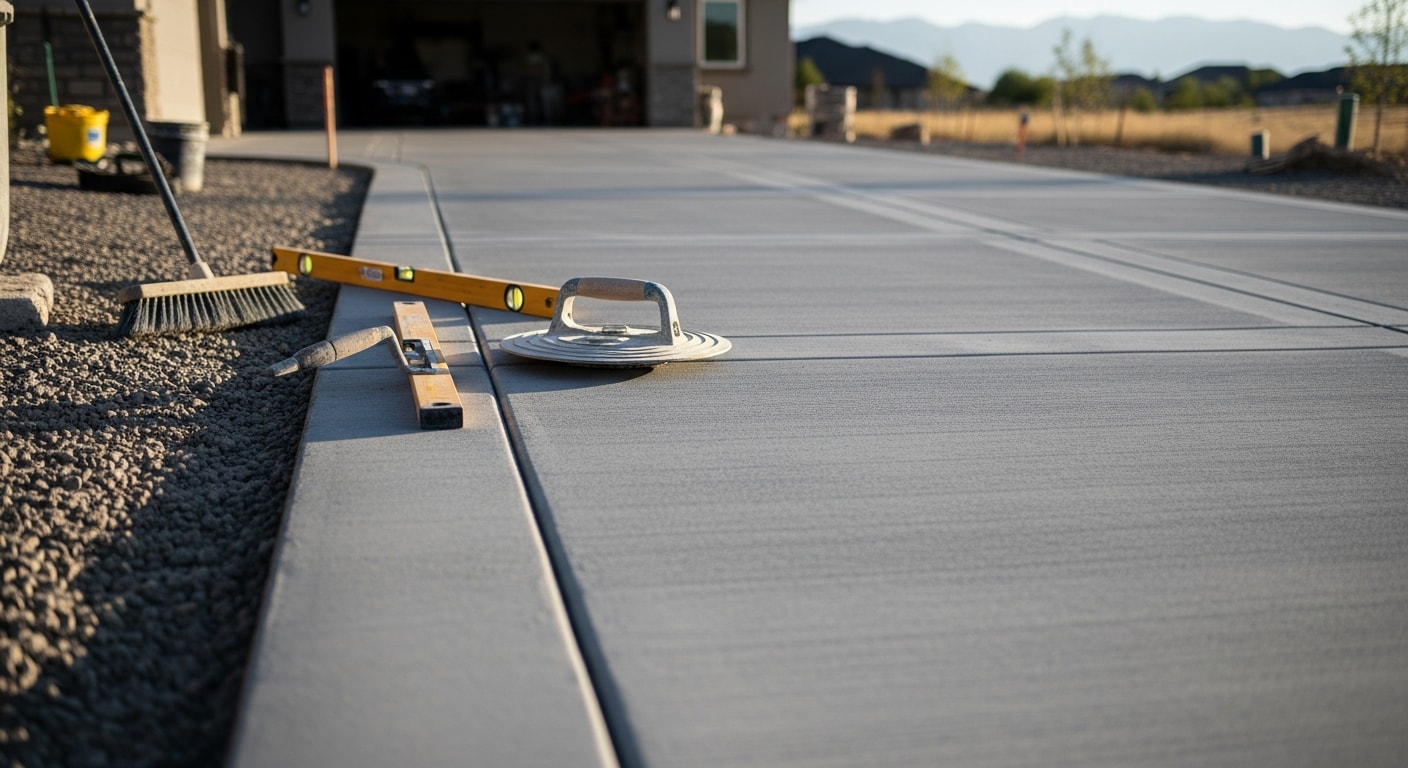 Freshly poured concrete driveway at a single-family home in Park City, Utah, with a smooth broom finish and visible control joints. The driveway leads to a two-car garage against a backdrop of the Wasatch Mountains.