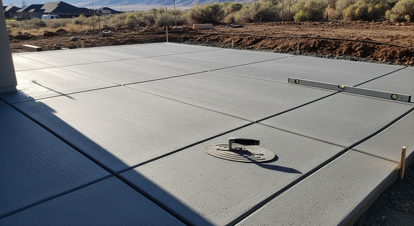 Finished concrete patio behind a single-family home in Park City, Utah, with a smooth broom-finish surface and clean edges. The patio sits flush with the yard against a backdrop of the surrounding Wasatch Mountains.