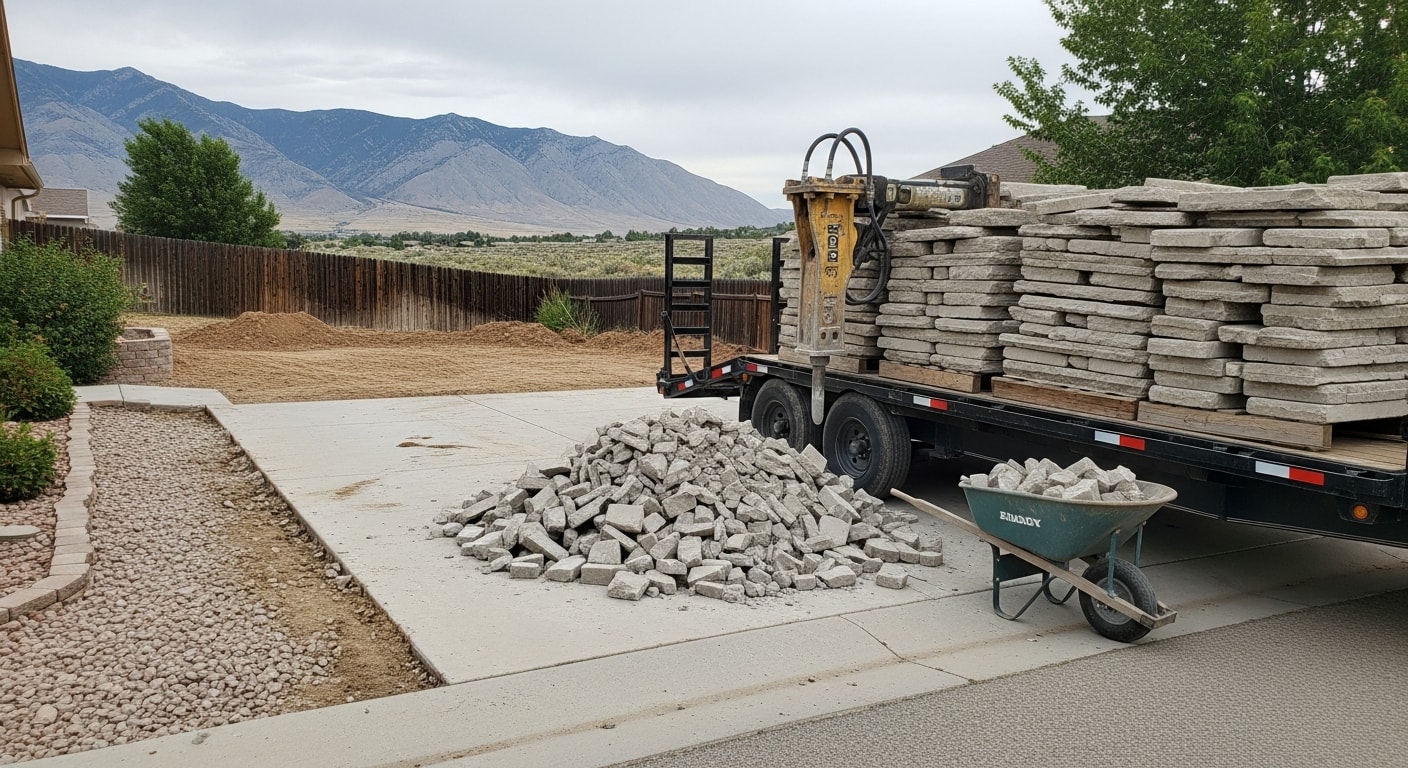 Broken concrete driveway slab being removed by a demolition crew at a residential property in Tooele County, Utah. Chunks of cracked concrete are stacked near a loader with a cleared dirt surface visible beneath.