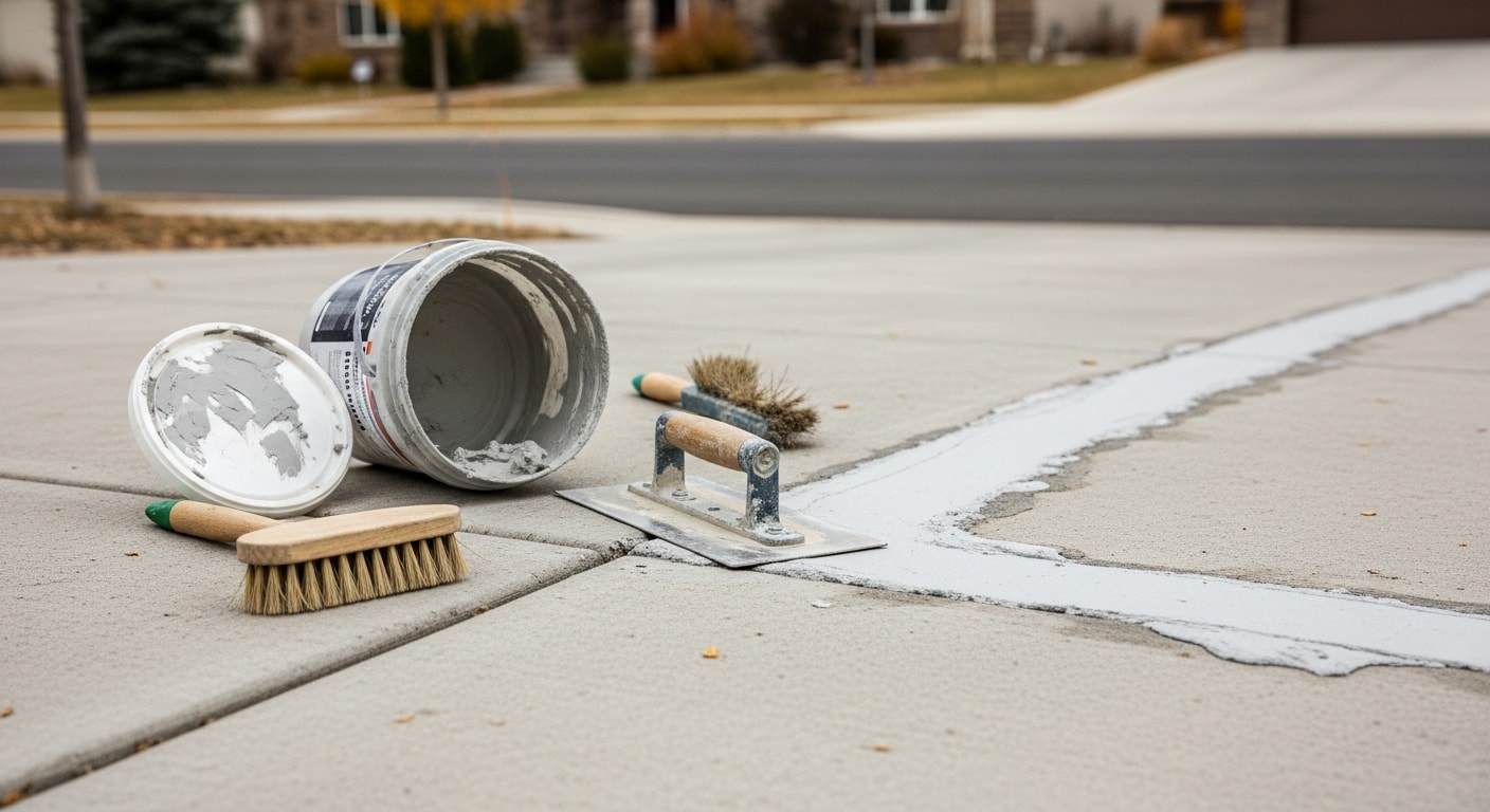A repaired residential concrete driveway in Tooele County, Utah, showing filled cracks and a freshly sealed surface. The slab sits level and smooth against a backdrop of a single-family home with the Stansbury Mountains visible in the distance.