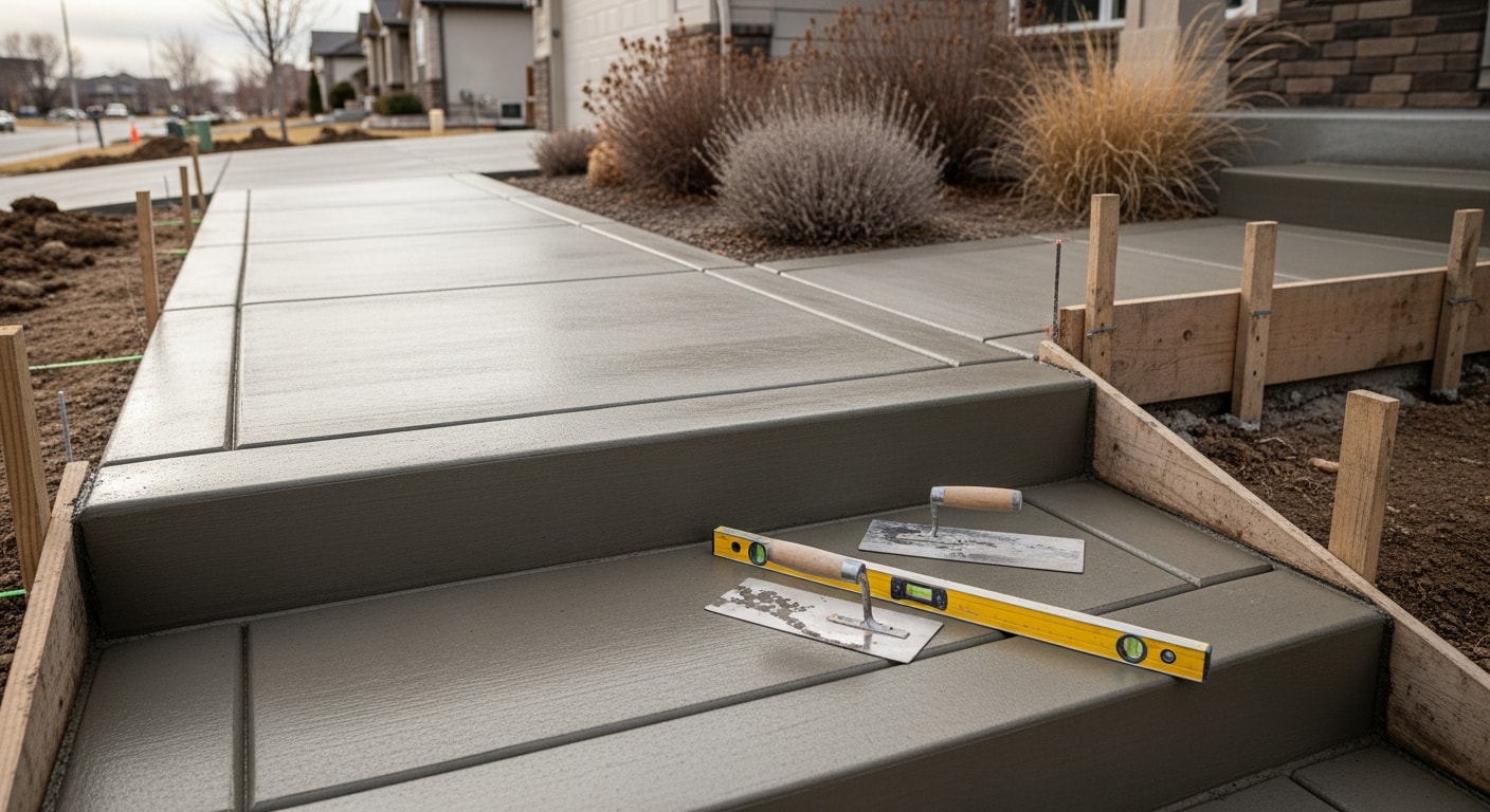Newly poured concrete walkway and entry stairs at a residential home in Park City, Utah, with a broom-textured finish and clean formed edges.