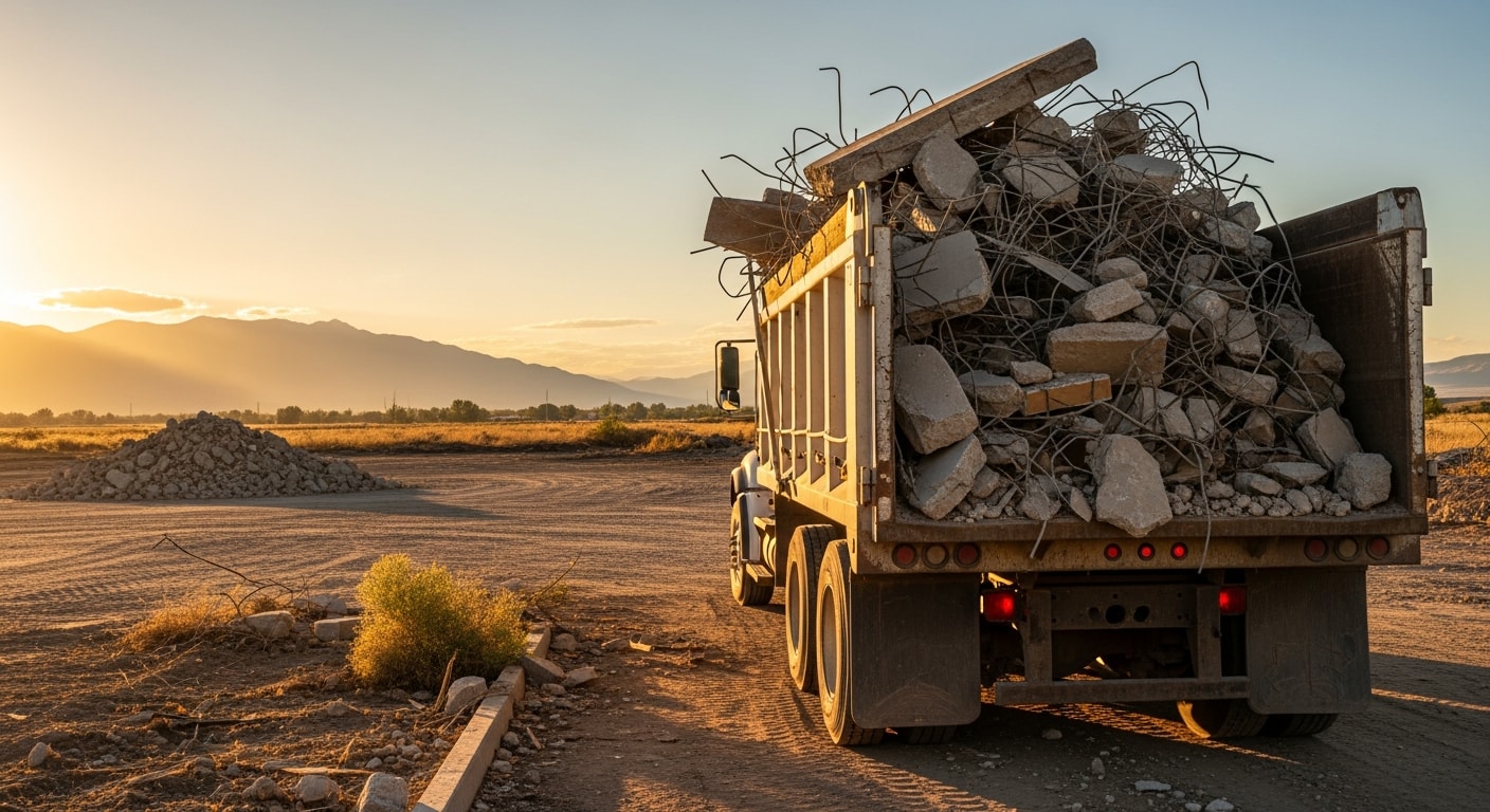 A cleared residential property in Tooele County, Utah, showing a clean concrete pad after demolition debris and rubble have been removed and hauled away. An Art Of Concrete truck is staged near the site with an empty load bed after completing the haul-out.