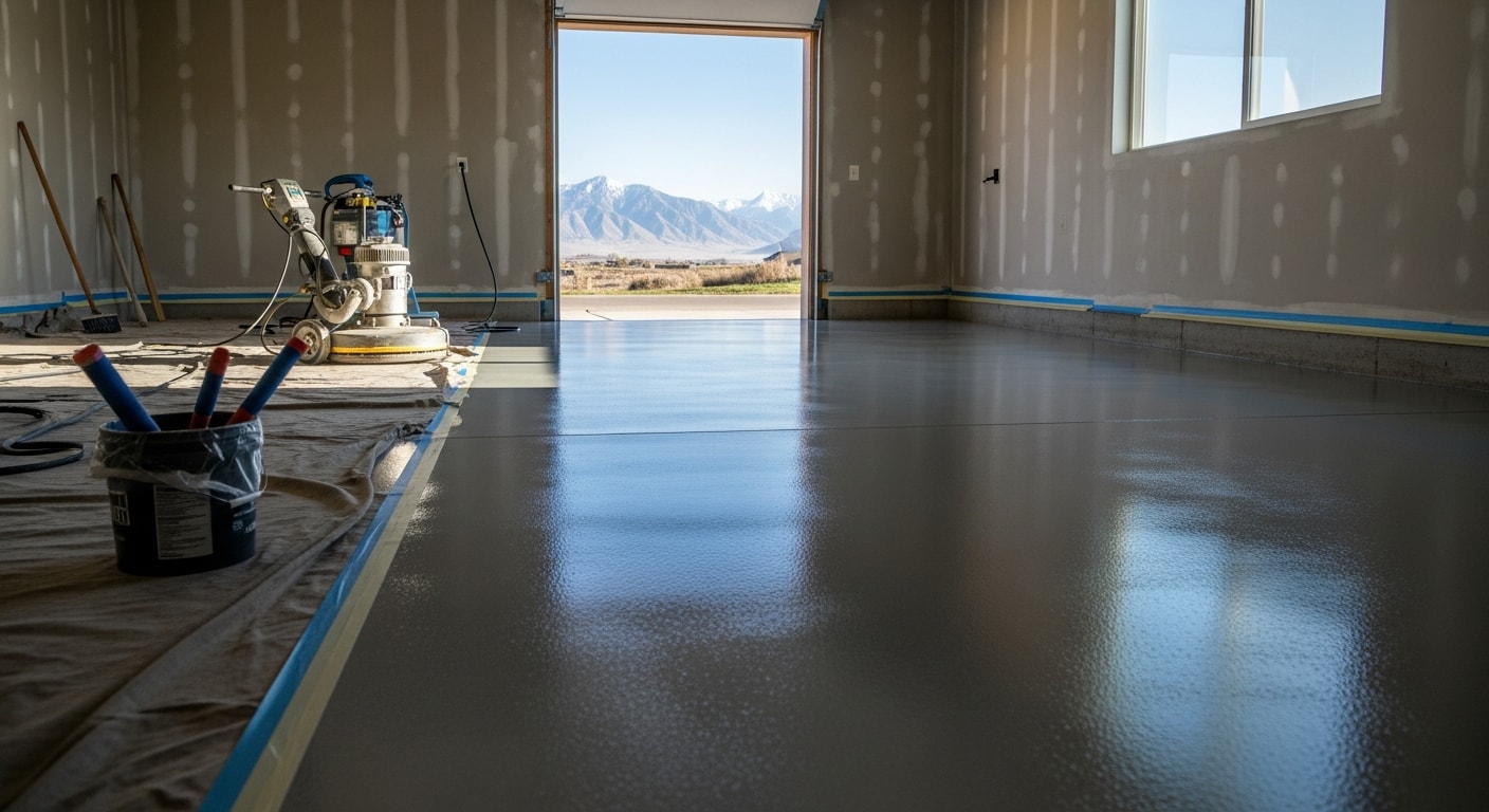Freshly installed high-gloss epoxy garage floor in a Tooele County, Utah home, showing a smooth, light-gray speckled surface free of stains or cracks. The sealed concrete floor reflects overhead lighting inside a clean two-car residential garage.