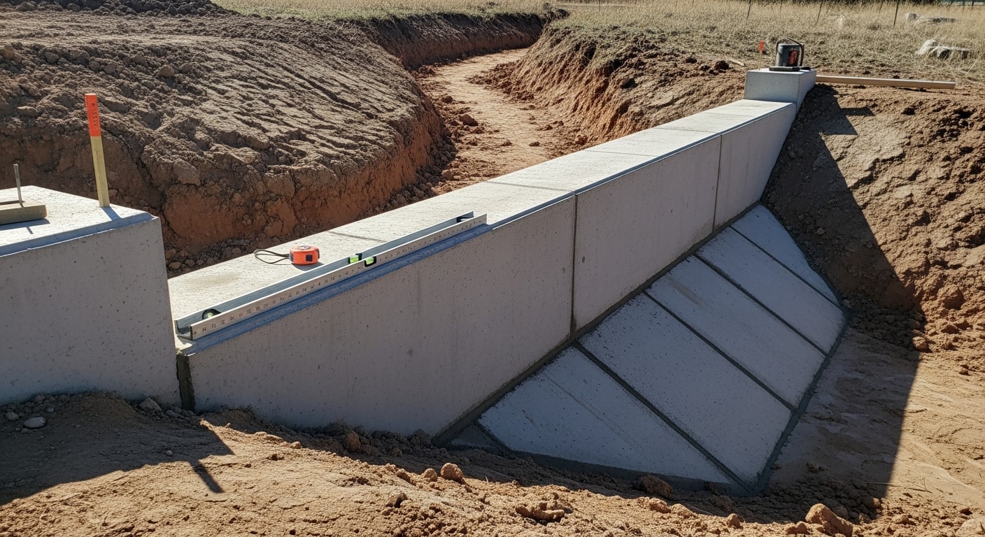 A finished concrete retaining wall and channel lining structure on a sloped residential lot in Tooele County, Utah, holding back graded soil along a drainage path. The masonry work runs along the base of the slope with clean concrete joints and a level top course visible against the dry Utah terrain.