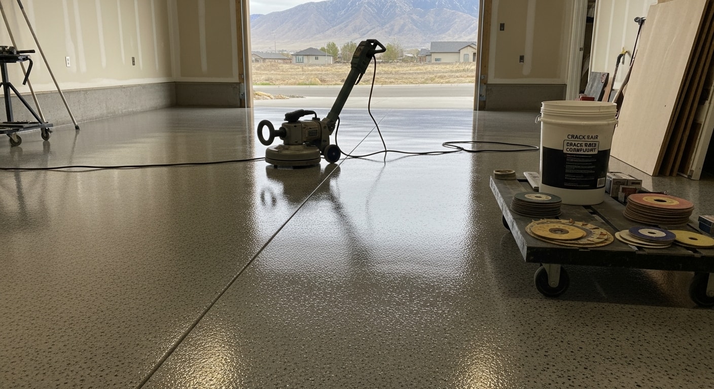 A freshly coated garage floor in a Tooele County, Utah home showing a smooth, glossy finish with decorative flake texture and clean, sharp edges along the walls. The sealed concrete surface reflects overhead lighting and shows no staining, cracking, or concrete dust.