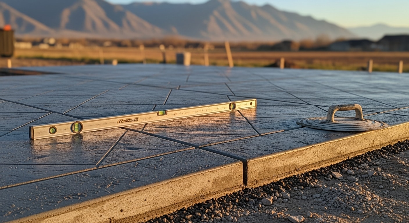 A finished concrete patio and retaining wall installed by Art Of Concrete on a residential property in Tooele County, Utah. The hardscape includes clean-edged steps and a level outdoor living area set against a dry, high-desert yard.