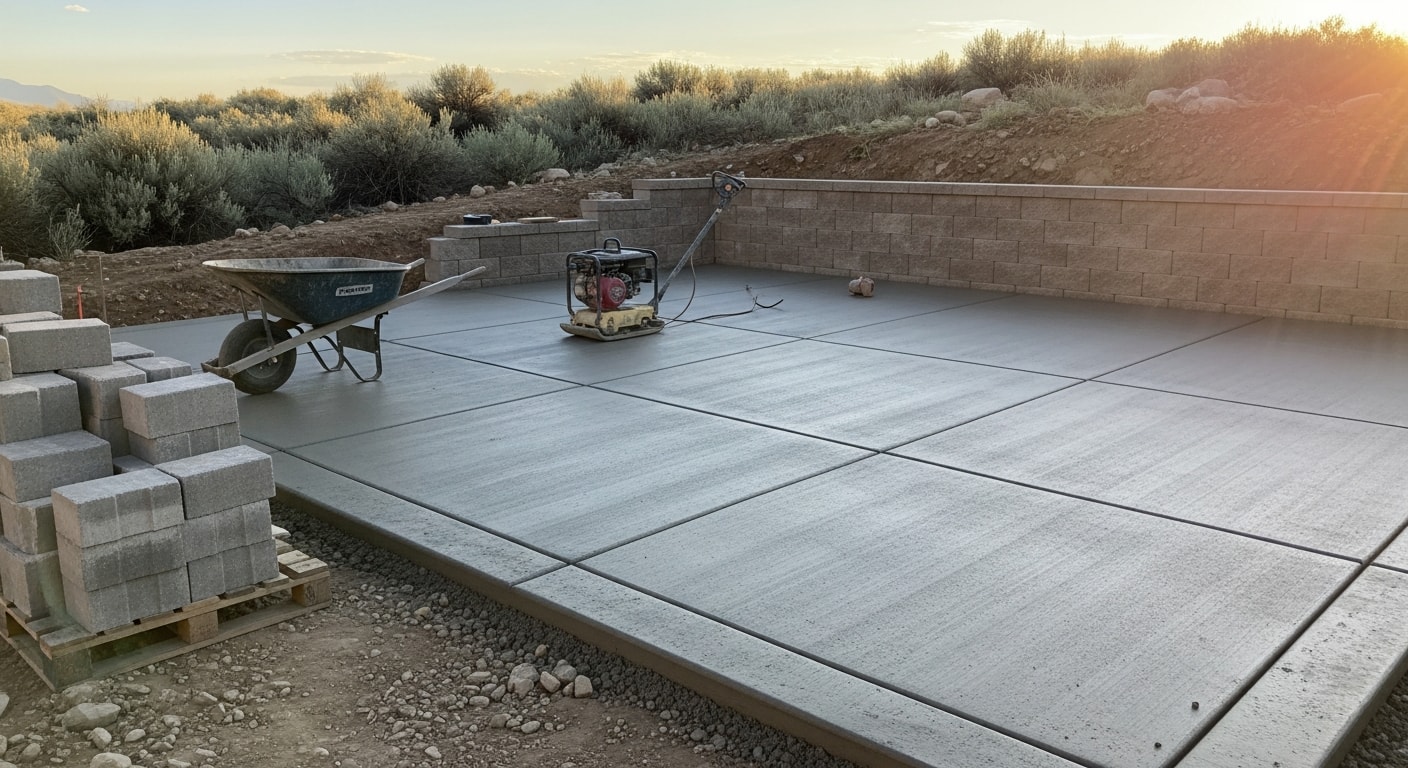 A finished concrete patio with a masonry seat wall built by Art Of Concrete in Tooele County, Utah. The structure features clean block coursing and a level surface set against a residential backyard with mountain views.
