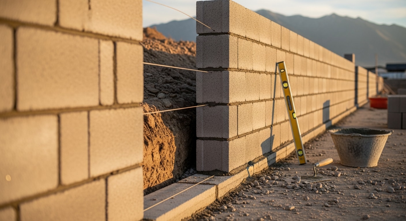 A finished concrete masonry boundary wall running along the property line of a residential lot in Tooele County, Utah. The wall features clean block coursing with a flat cap, set against a dry high-desert landscape.