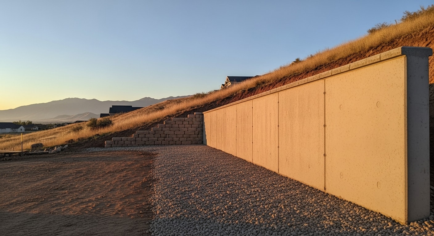 A finished concrete retaining wall holding back a sloped residential yard in Tooele County, Utah, with flat usable space created above the wall. The wall runs along the base of a grade change typical of properties near the Oquirrh Mountain foothills.
