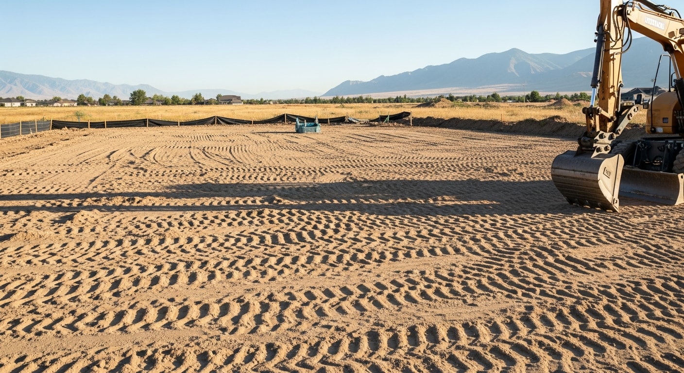 A cleared and graded construction site in Tooele County, Utah, with level desert terrain ready for foundation work after demolition debris has been fully removed. Heavy equipment tracks are visible across the compacted soil surface.