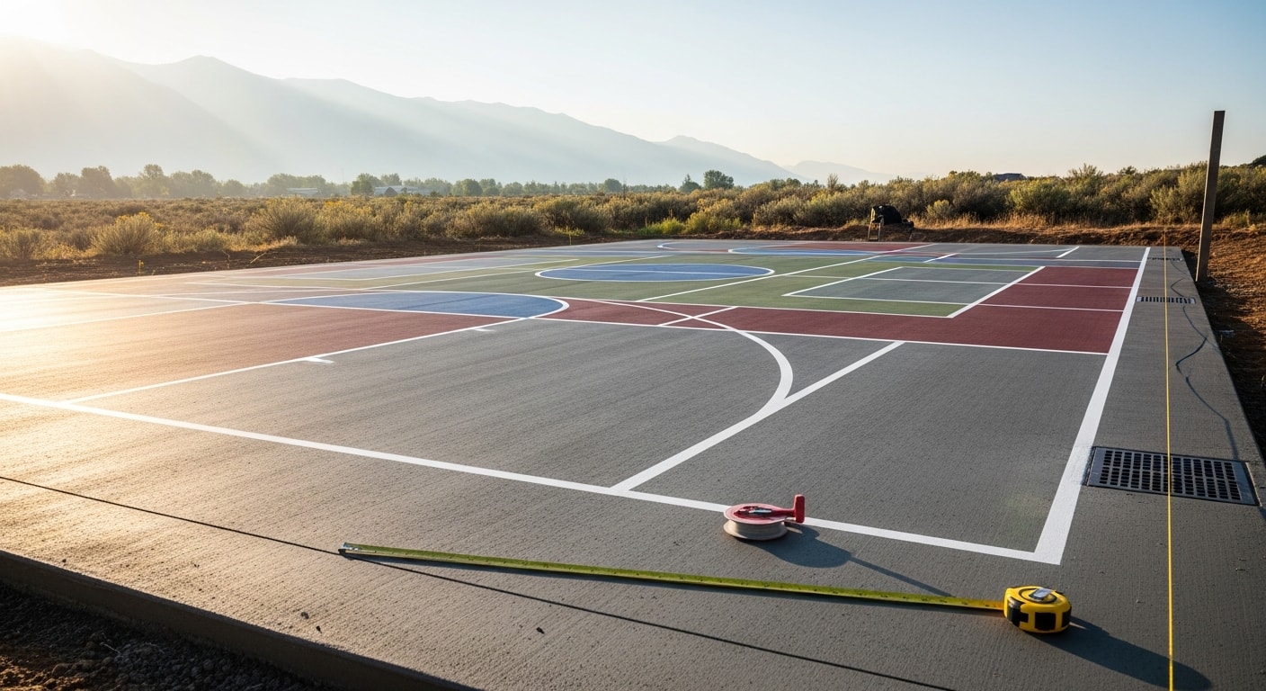 Freshly poured and finished concrete sport court in a residential backyard in Tooele County, Utah, with painted basketball and pickleball lines on a smooth, level surface. Surrounding landscape shows the open terrain typical of the Tooele area with clear skies overhead.